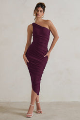 Plum One Shoulder Asymmetric Ruched Midi Dress